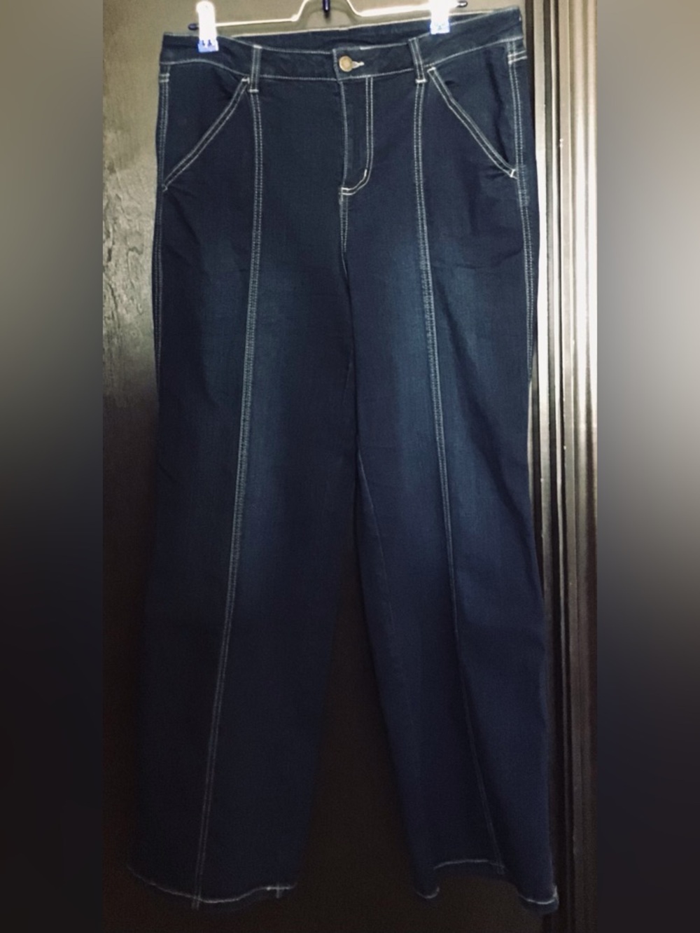 Belle by Kim Gravel Dark Blue Wide Leg Jeans with Contrast Stitching